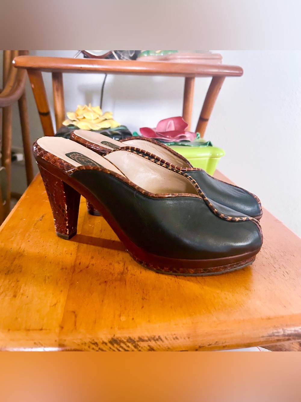 Retro Heels | Mule | Croc | Black | 8 | Selpy | 40s 50s | Peep Toe